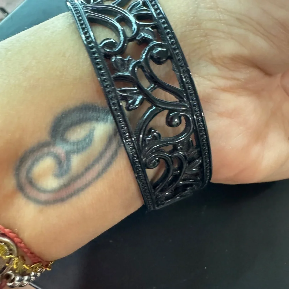Black Filigree Bangle Cuff Watch – Hinged Bracelet Style, Quartz Movement - Picture 4 of 9